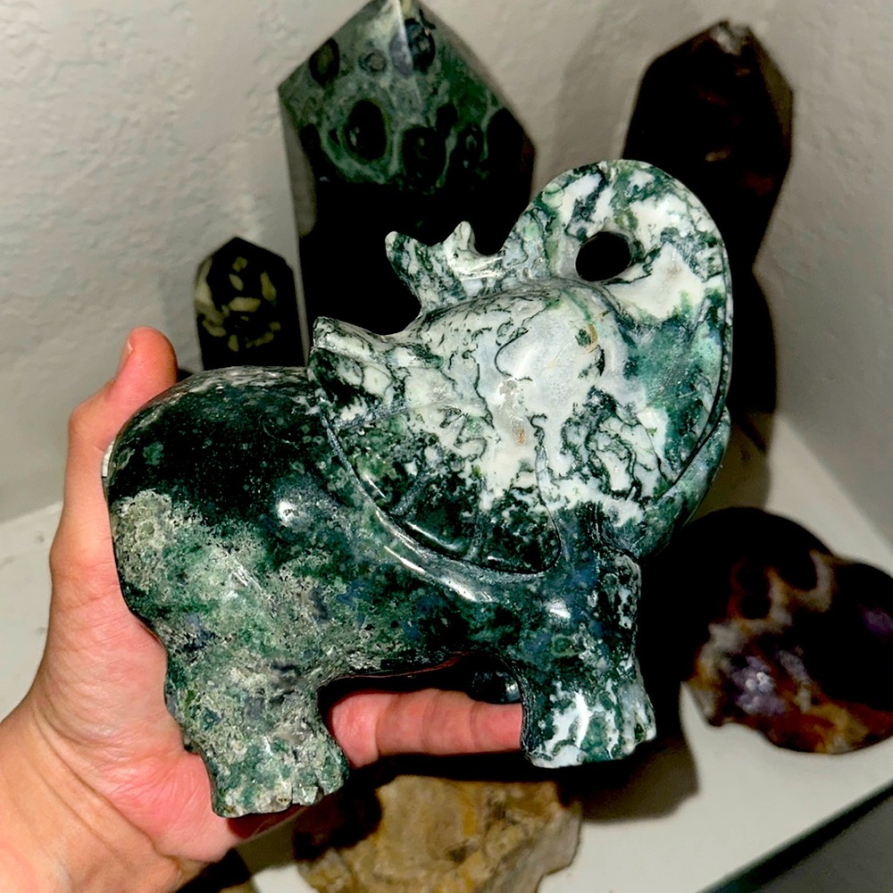 Moss Agate Elephant Crystal Carving HUGE